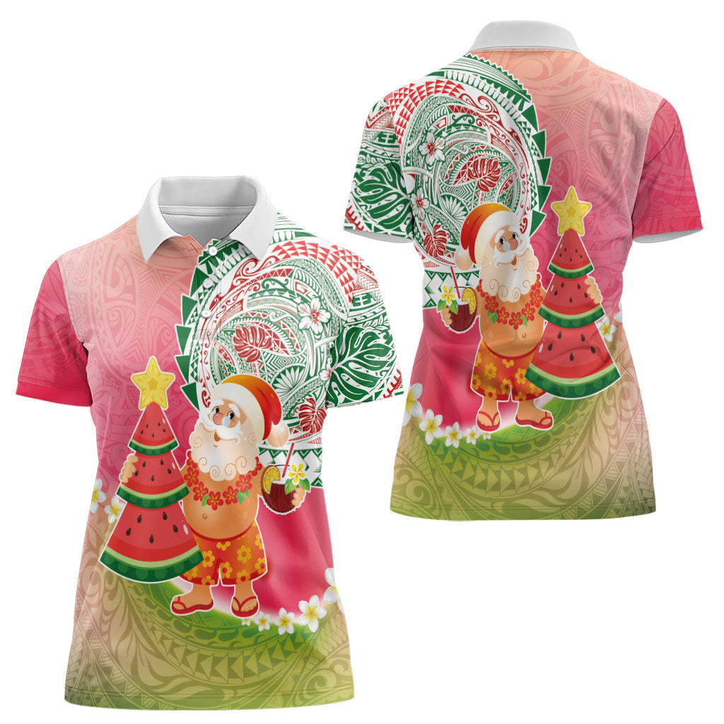 Hawaiian Watermelon Mele Kalikimaka Women Polo Shirt Tropical Tribal Pattern with Funny Santa Claus