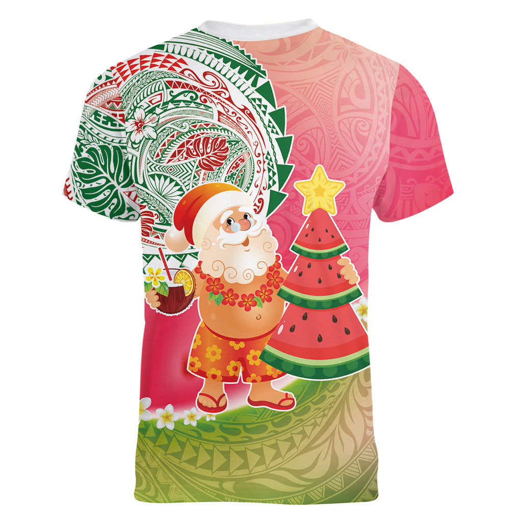 Hawaiian Watermelon Mele Kalikimaka Women V-Neck T-Shirt Tropical Tribal Pattern with Funny Santa Claus