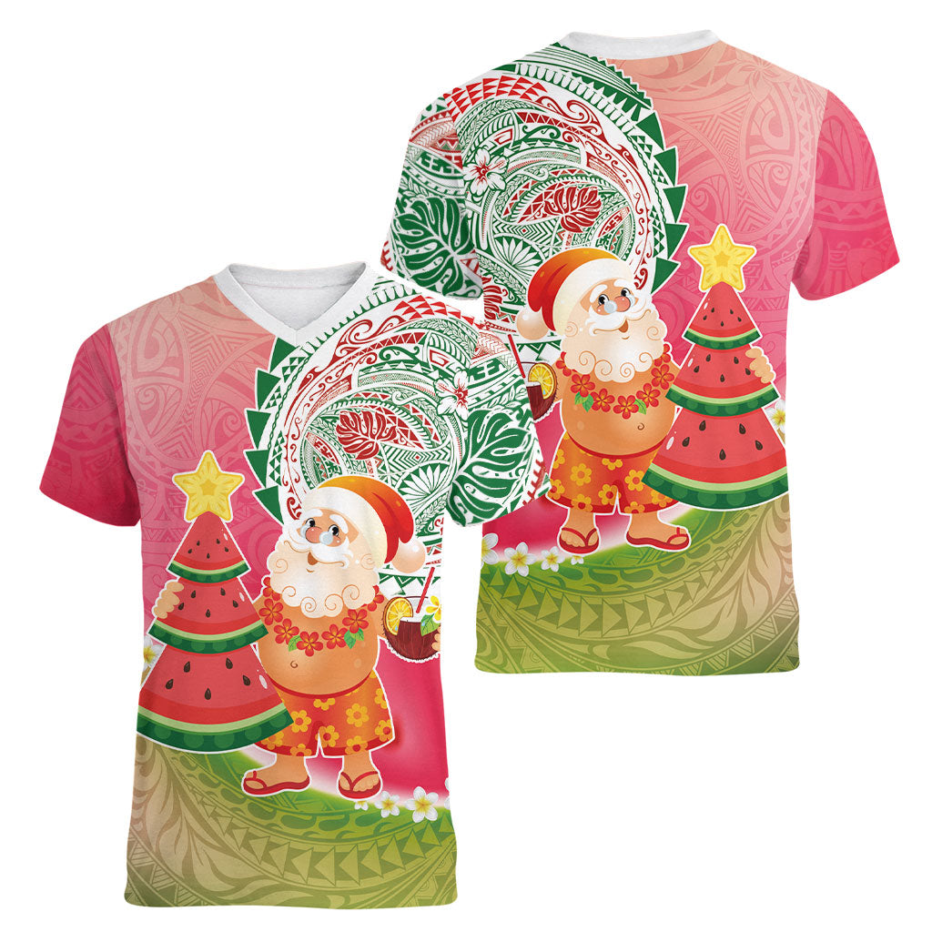 Hawaiian Watermelon Mele Kalikimaka Women V-Neck T-Shirt Tropical Tribal Pattern with Funny Santa Claus