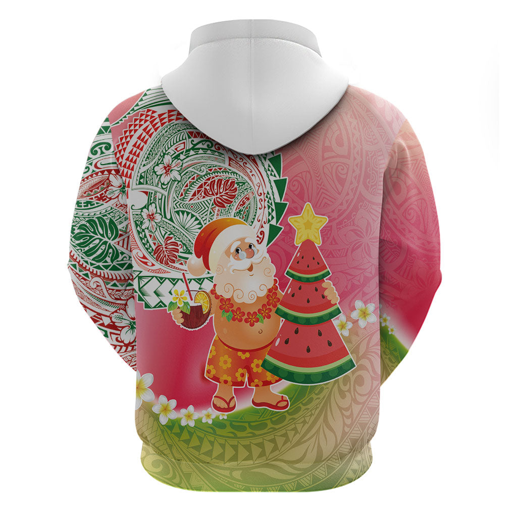 Hawaiian Watermelon Mele Kalikimaka Zip Hoodie Tropical Tribal Pattern with Funny Santa Claus