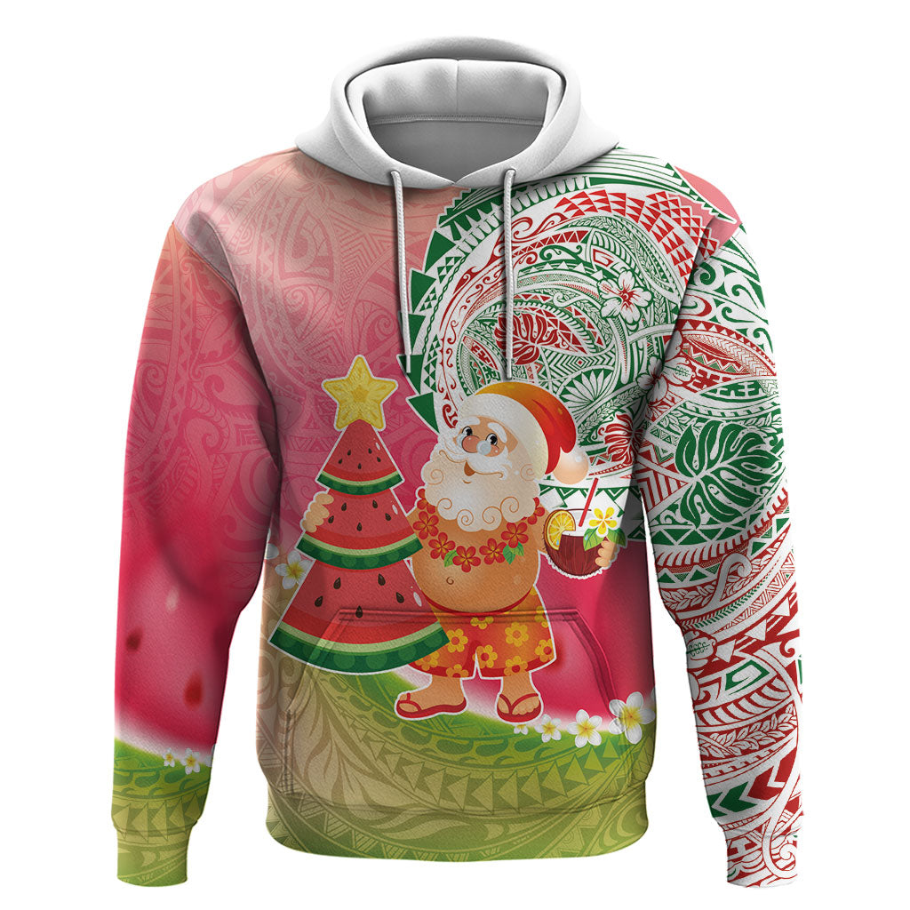 Hawaiian Watermelon Mele Kalikimaka Zip Hoodie Tropical Tribal Pattern with Funny Santa Claus