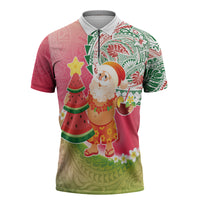 Hawaiian Watermelon Mele Kalikimaka Zipper Polo Shirt Tropical Tribal Pattern with Funny Santa Claus