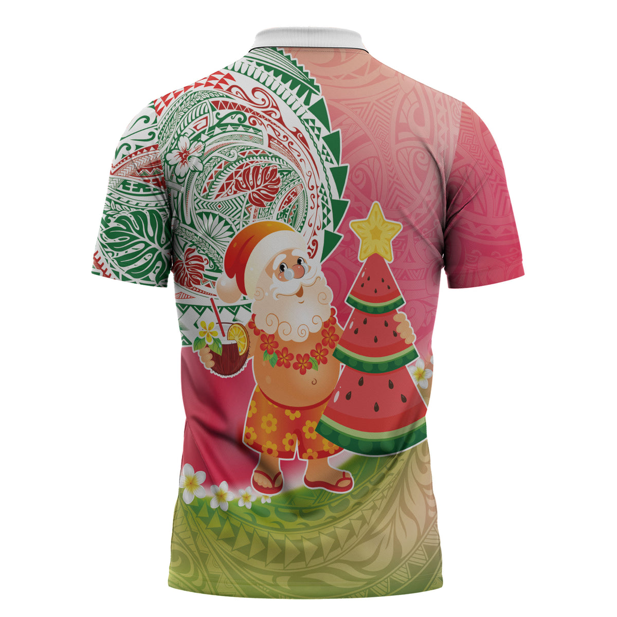 Hawaiian Watermelon Mele Kalikimaka Zipper Polo Shirt Tropical Tribal Pattern with Funny Santa Claus