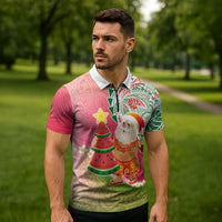 Hawaiian Watermelon Mele Kalikimaka Zipper Polo Shirt Tropical Tribal Pattern with Funny Santa Claus