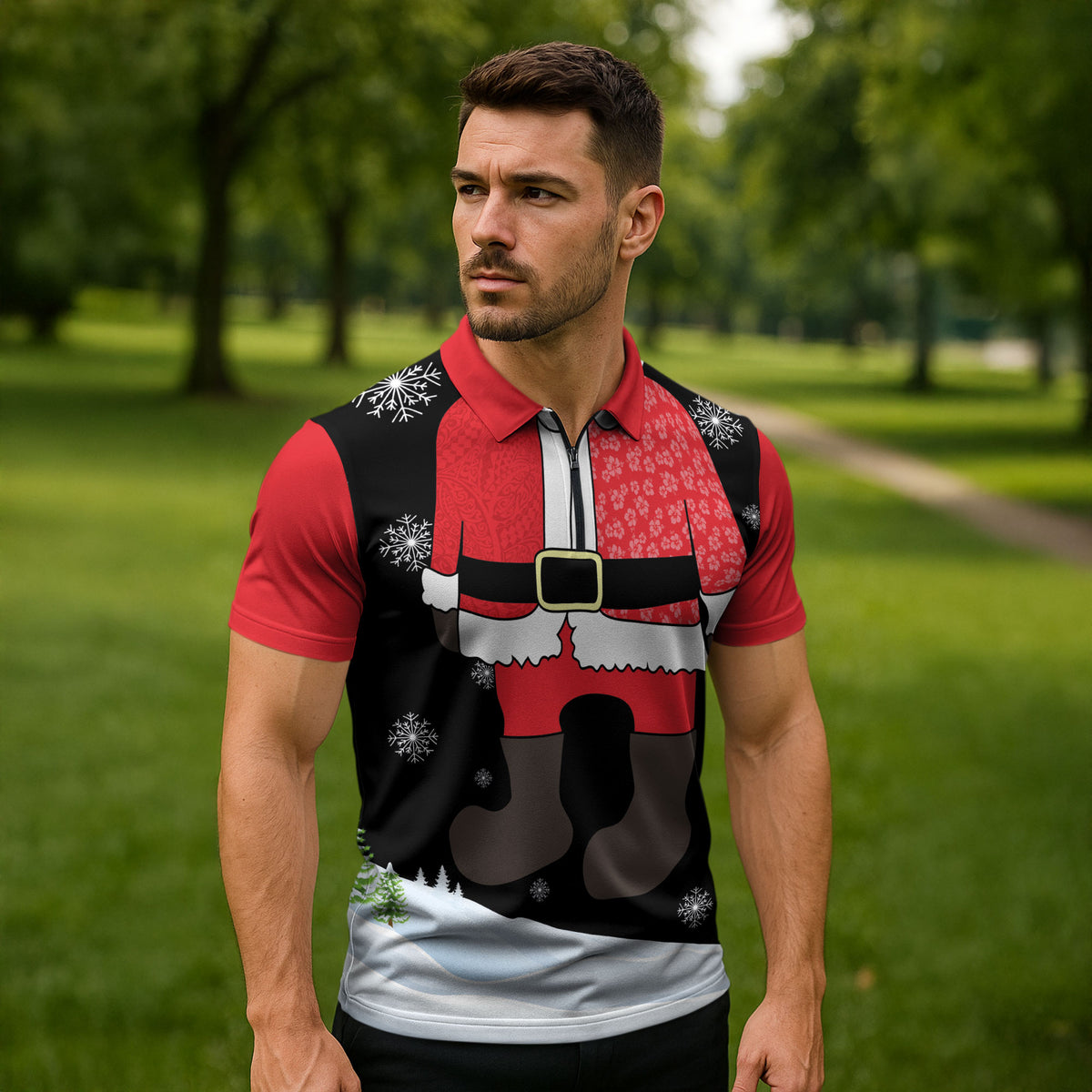 Polynesian Santa Claus Costume Funny Zipper Polo Shirt