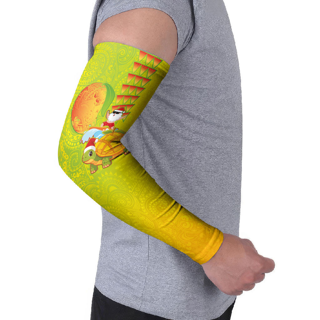 Hawaiian Mango Mele Kalikimaka Arm Sleeves Santa Claus Surfing with Turtle Mango Christmas