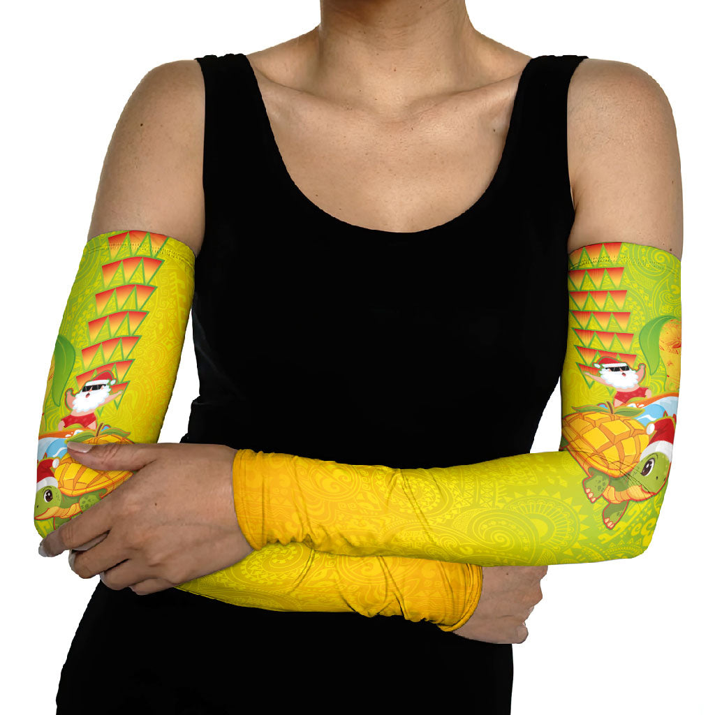 Hawaiian Mango Mele Kalikimaka Arm Sleeves Santa Claus Surfing with Turtle Mango Christmas