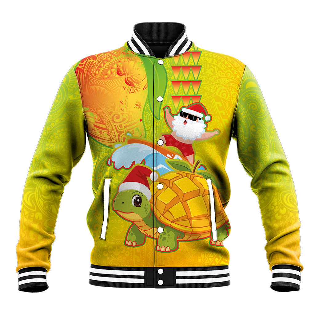 Hawaiian Mango Mele Kalikimaka Baseball Jacket Santa Claus Surfing with Turtle Mango Christmas