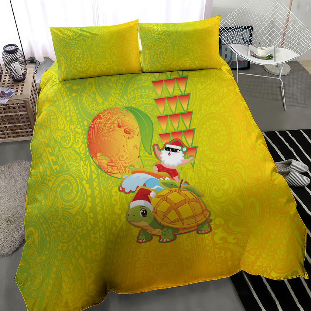 Hawaiian Mango Mele Kalikimaka Bedding Set Santa Claus Surfing with Turtle Mango Christmas