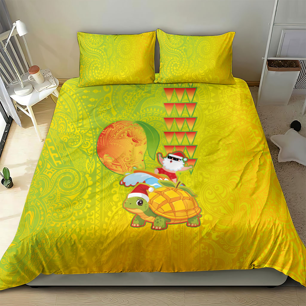 Hawaiian Mango Mele Kalikimaka Bedding Set Santa Claus Surfing with Turtle Mango Christmas