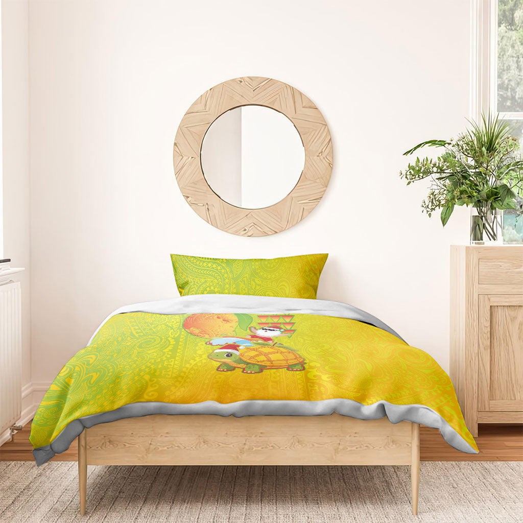 Hawaiian Mango Mele Kalikimaka Bedding Set Santa Claus Surfing with Turtle Mango Christmas