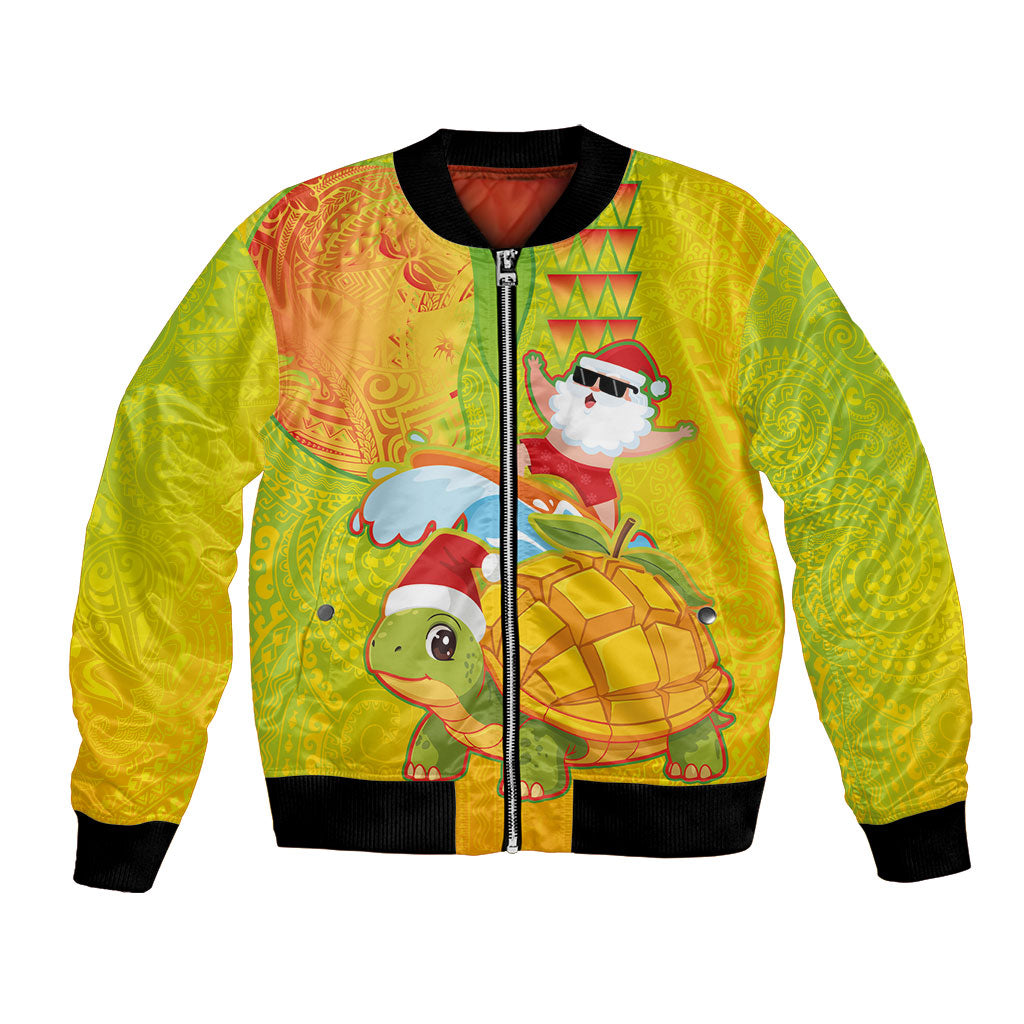 Hawaiian Mango Mele Kalikimaka Bomber Jacket Santa Claus Surfing with Turtle Mango Christmas