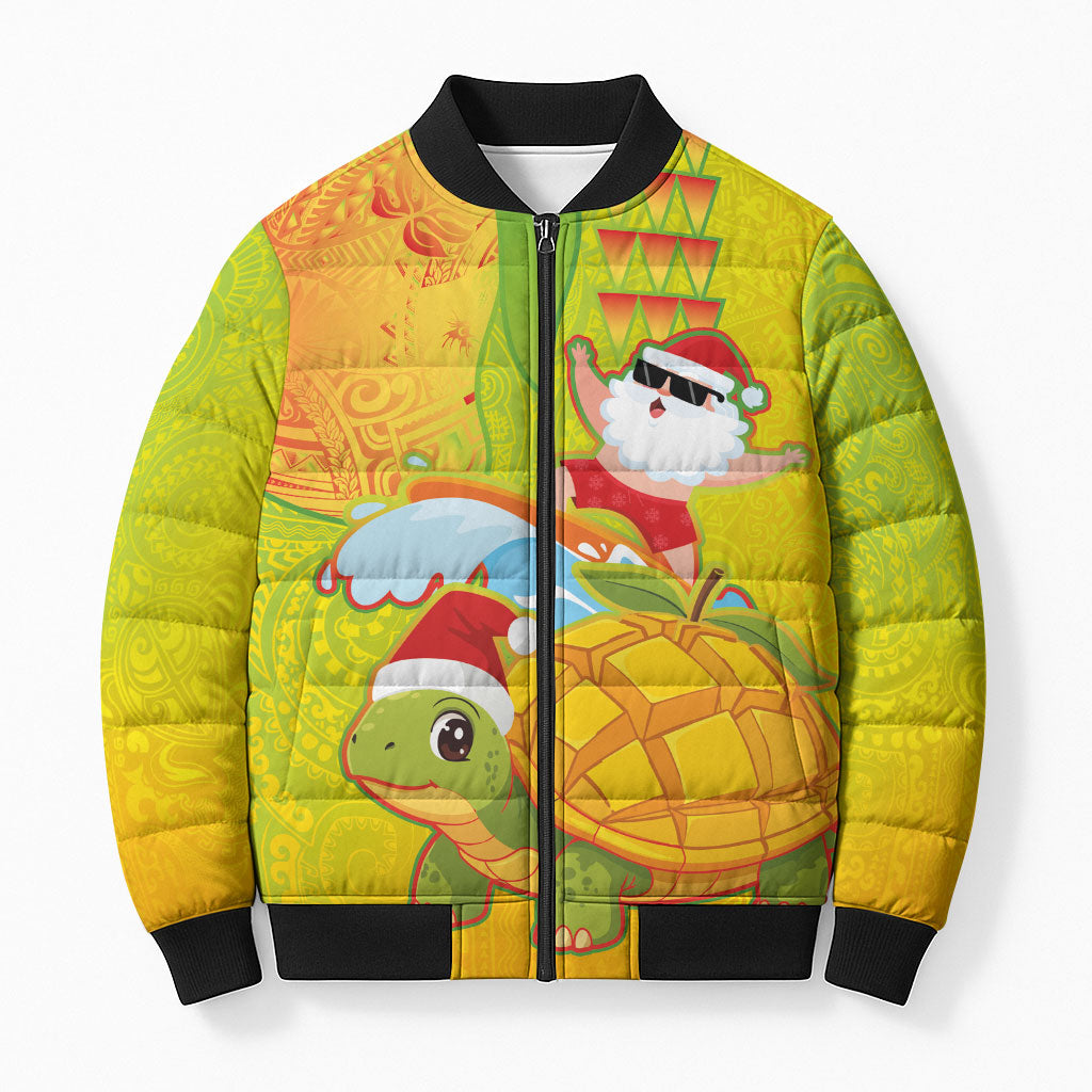 Hawaiian Mango Mele Kalikimaka Bomber Puffer Jacket Santa Claus Surfing with Turtle Mango Christmas