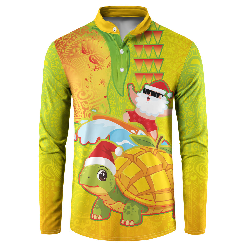 Hawaiian Mango Mele Kalikimaka Button Sweatshirt Santa Claus Surfing with Turtle Mango Christmas