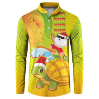 Hawaiian Mango Mele Kalikimaka Button Sweatshirt Santa Claus Surfing with Turtle Mango Christmas