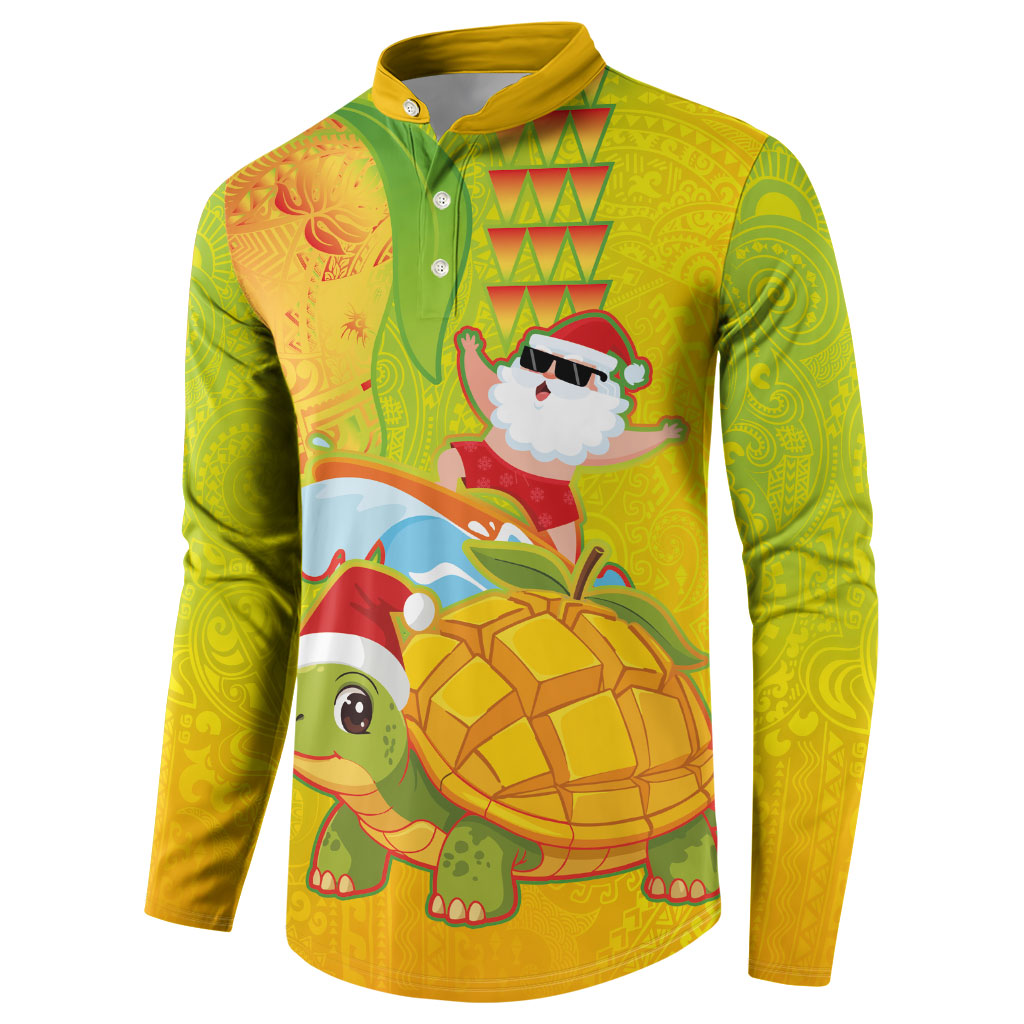 Hawaiian Mango Mele Kalikimaka Button Sweatshirt Santa Claus Surfing with Turtle Mango Christmas