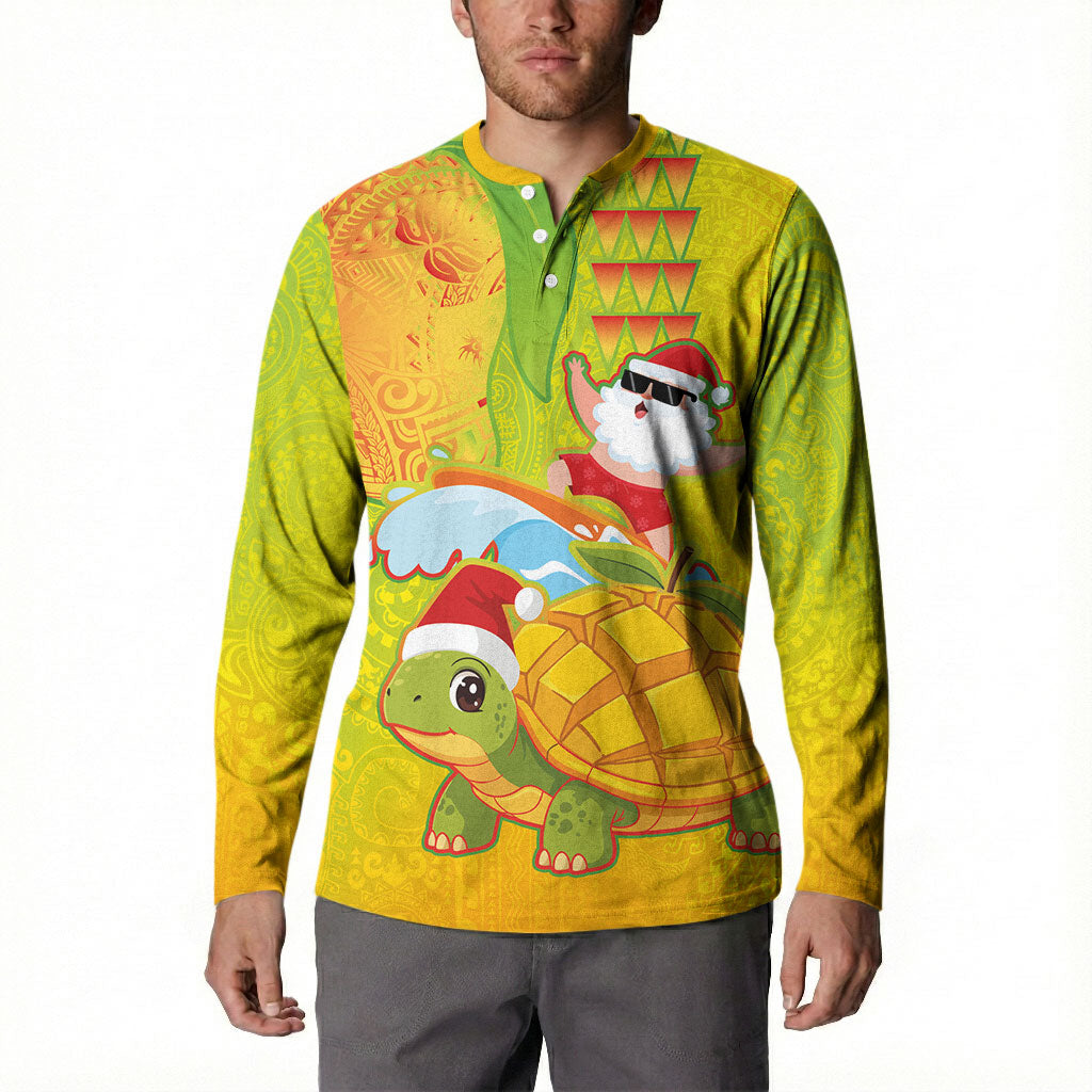 Hawaiian Mango Mele Kalikimaka Button Sweatshirt Santa Claus Surfing with Turtle Mango Christmas