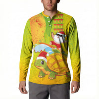 Hawaiian Mango Mele Kalikimaka Button Sweatshirt Santa Claus Surfing with Turtle Mango Christmas