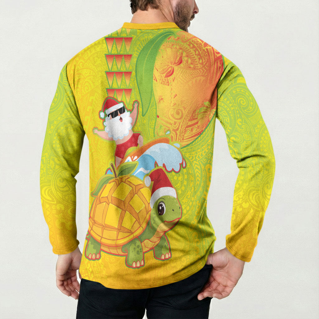 Hawaiian Mango Mele Kalikimaka Button Sweatshirt Santa Claus Surfing with Turtle Mango Christmas