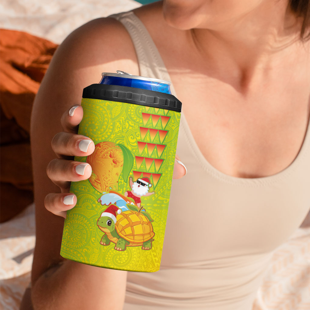 Hawaiian Mango Mele Kalikimaka 4 in 1 Can Cooler Tumbler Santa Claus Surfing with Turtle Mango Christmas