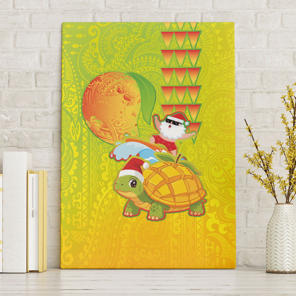 Hawaiian Mango Mele Kalikimaka Canvas Wall Art Santa Claus Surfing with Turtle Mango Christmas