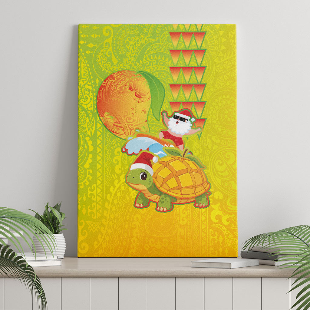 Hawaiian Mango Mele Kalikimaka Canvas Wall Art Santa Claus Surfing with Turtle Mango Christmas