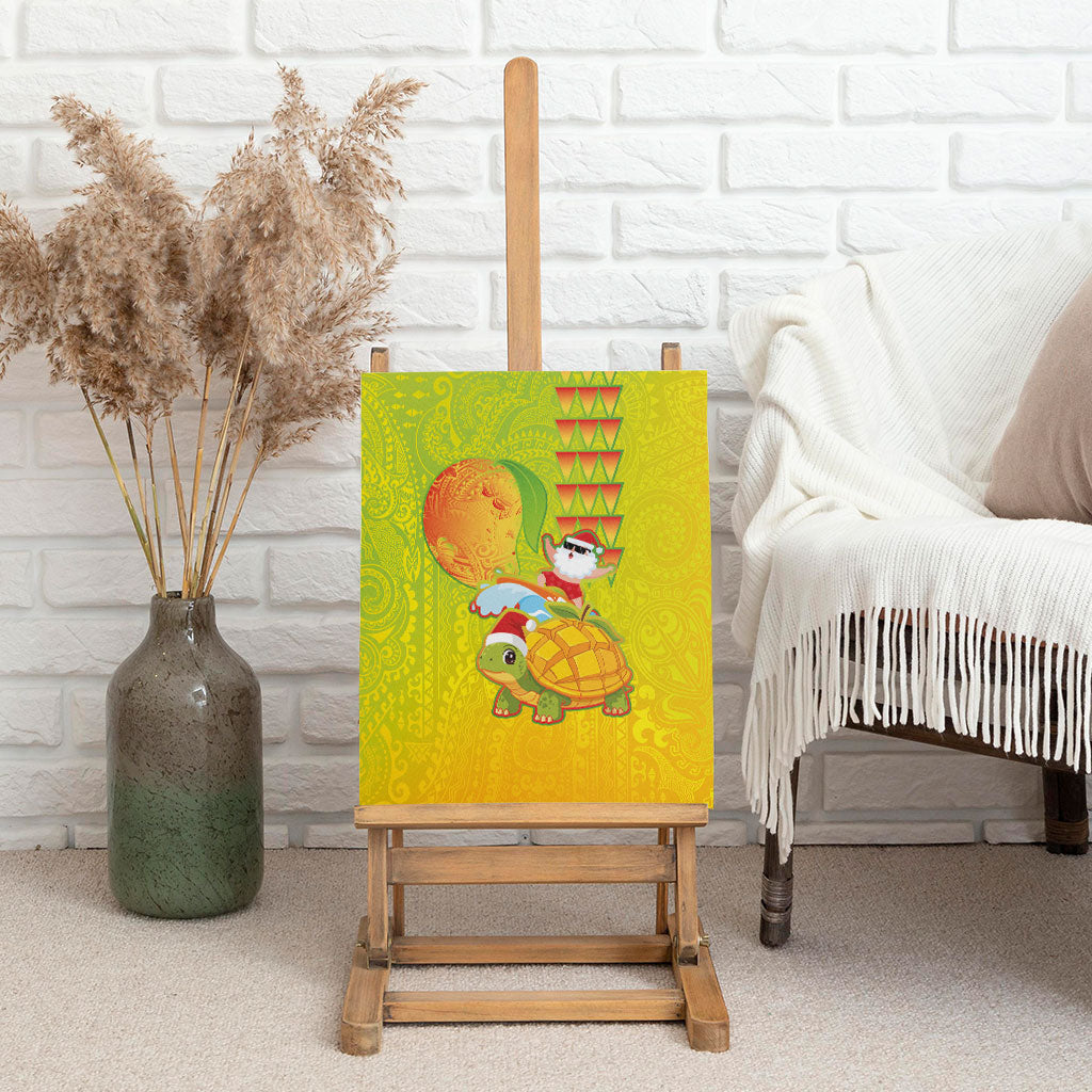 Hawaiian Mango Mele Kalikimaka Canvas Wall Art Santa Claus Surfing with Turtle Mango Christmas