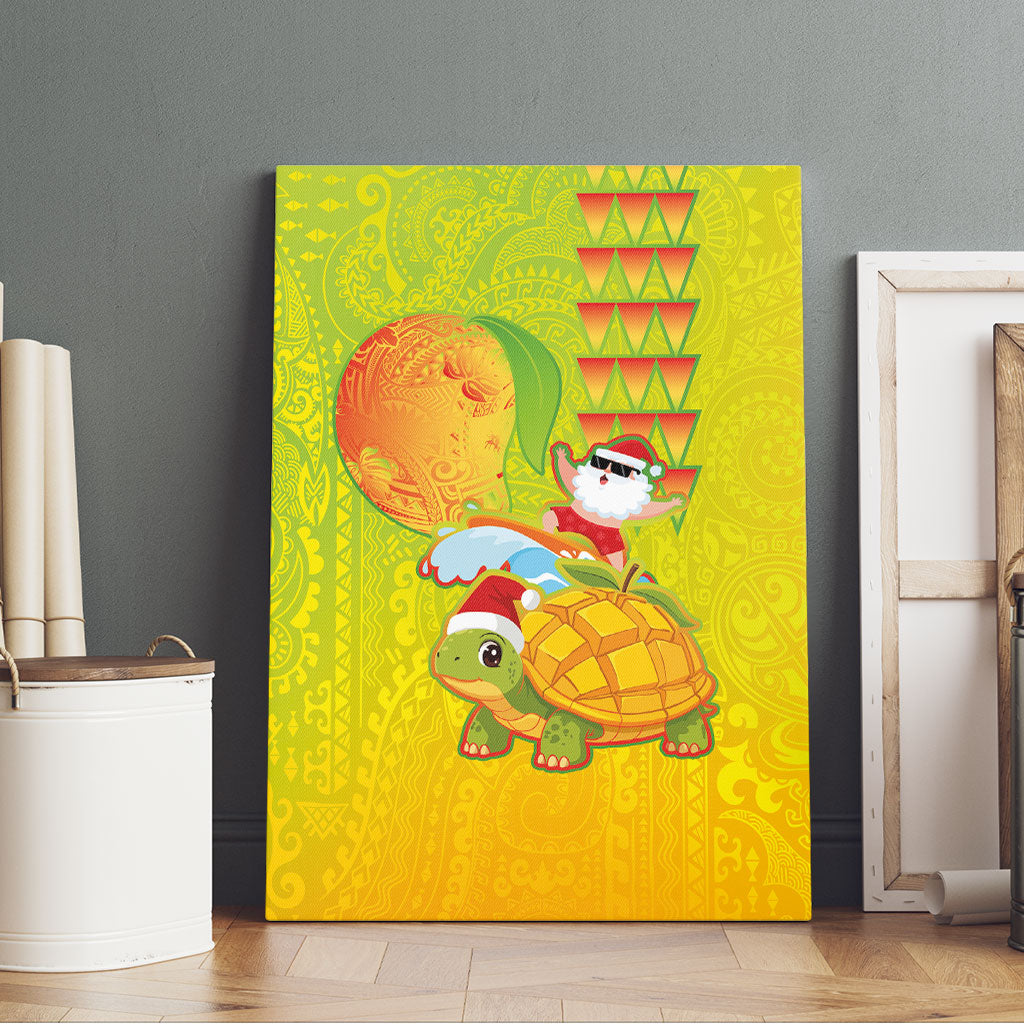 Hawaiian Mango Mele Kalikimaka Canvas Wall Art Santa Claus Surfing with Turtle Mango Christmas