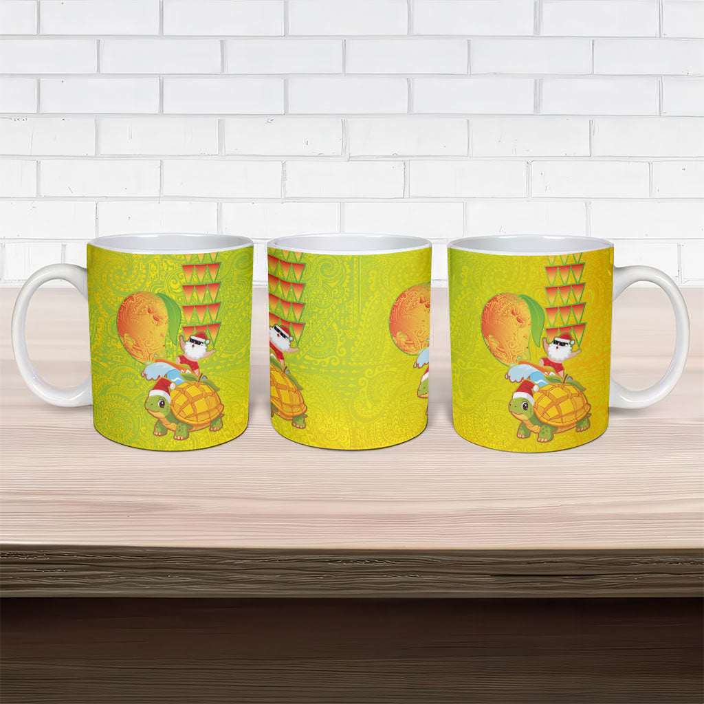 Hawaiian Mango Mele Kalikimaka Ceramic Mug Santa Claus Surfing with Turtle Mango Christmas