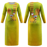 Hawaiian Mango Mele Kalikimaka Couples Matching Long Sleeve Bodycon Dress and Hawaiian Shirt Santa Claus Surfing with Turtle Mango Christmas