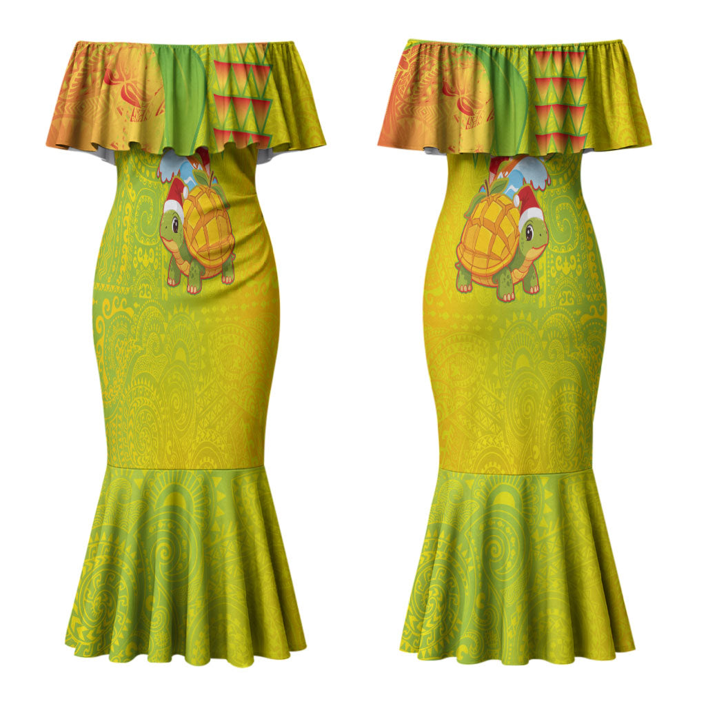 Hawaiian Mango Mele Kalikimaka Couples Matching Mermaid Dress and Hawaiian Shirt Santa Claus Surfing with Turtle Mango Christmas