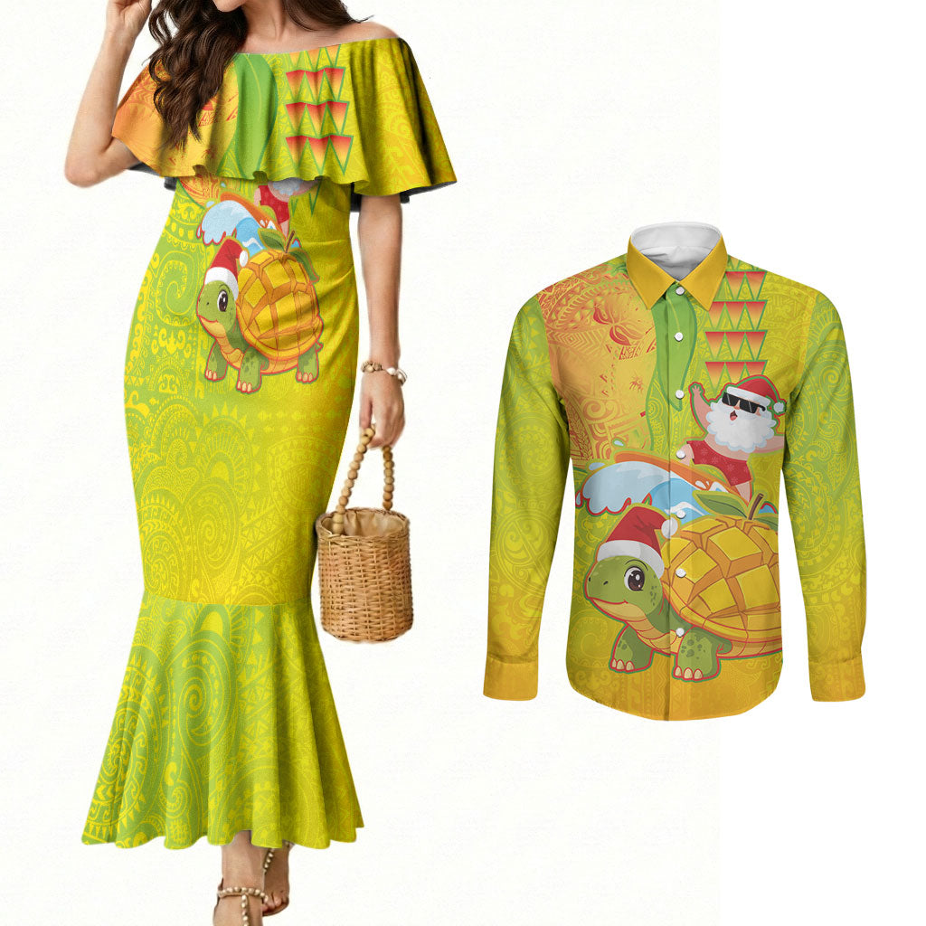 Hawaiian Mango Mele Kalikimaka Couples Matching Mermaid Dress and Long Sleeve Button Shirt Santa Claus Surfing with Turtle Mango Christmas