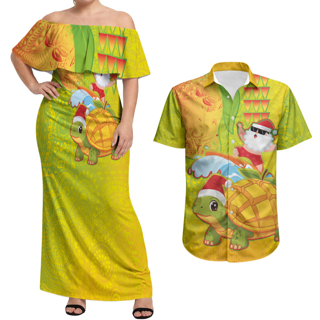 Hawaiian Mango Mele Kalikimaka Couples Matching Off Shoulder Maxi Dress and Hawaiian Shirt Santa Claus Surfing with Turtle Mango Christmas