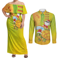 Hawaiian Mango Mele Kalikimaka Couples Matching Off Shoulder Maxi Dress and Long Sleeve Button Shirt Santa Claus Surfing with Turtle Mango Christmas