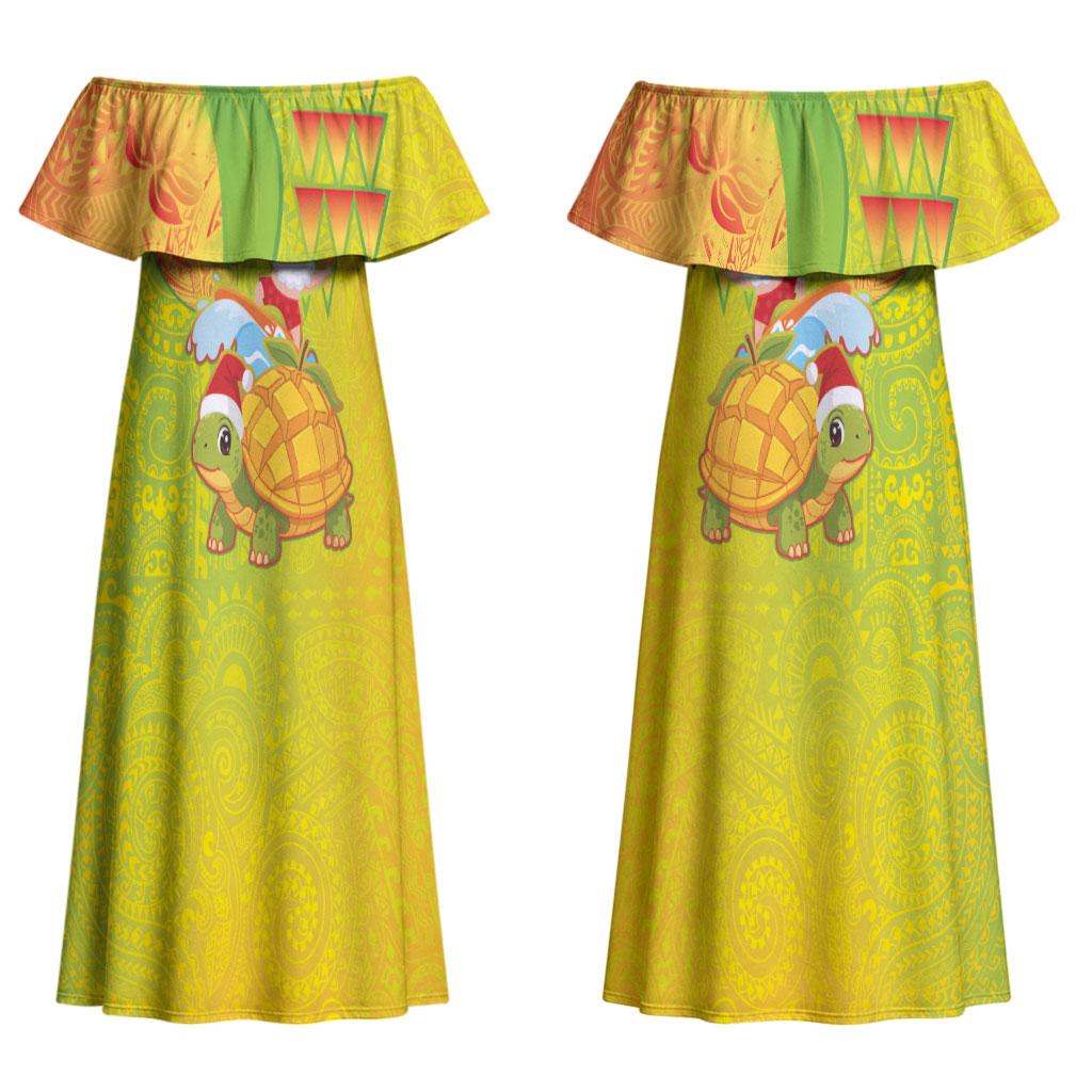 Hawaiian Mango Mele Kalikimaka Couples Matching Off Shoulder Maxi Dress and Long Sleeve Button Shirt Santa Claus Surfing with Turtle Mango Christmas