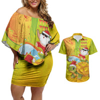 Hawaiian Mango Mele Kalikimaka Couples Matching Off Shoulder Short Dress and Hawaiian Shirt Santa Claus Surfing with Turtle Mango Christmas
