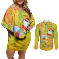 Hawaiian Mango Mele Kalikimaka Couples Matching Off Shoulder Short Dress and Long Sleeve Button Shirt Santa Claus Surfing with Turtle Mango Christmas