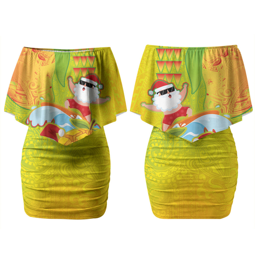 Hawaiian Mango Mele Kalikimaka Couples Matching Off Shoulder Short Dress and Long Sleeve Button Shirt Santa Claus Surfing with Turtle Mango Christmas