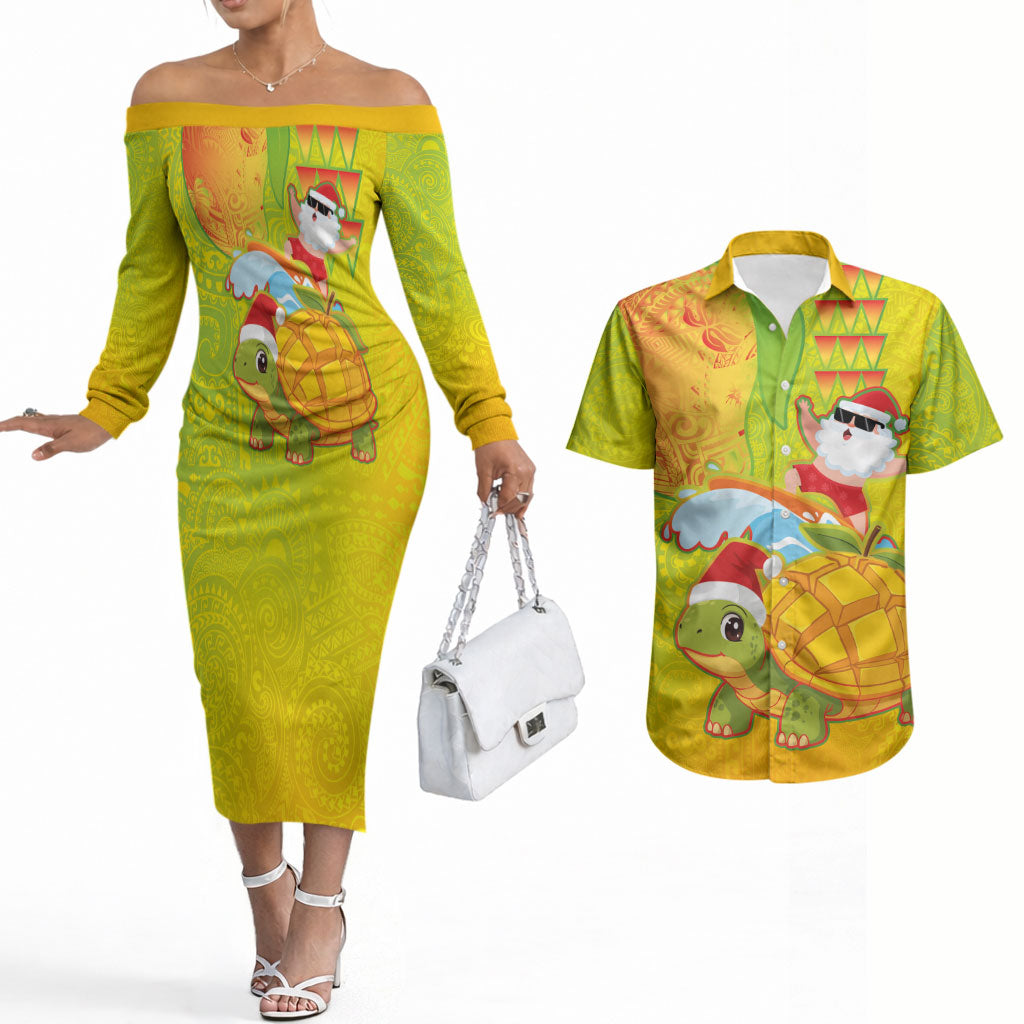 Hawaiian Mango Mele Kalikimaka Couples Matching Off The Shoulder Long Sleeve Dress and Hawaiian Shirt Santa Claus Surfing with Turtle Mango Christmas