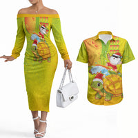 Hawaiian Mango Mele Kalikimaka Couples Matching Off The Shoulder Long Sleeve Dress and Hawaiian Shirt Santa Claus Surfing with Turtle Mango Christmas