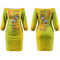 Hawaiian Mango Mele Kalikimaka Couples Matching Off The Shoulder Long Sleeve Dress and Hawaiian Shirt Santa Claus Surfing with Turtle Mango Christmas
