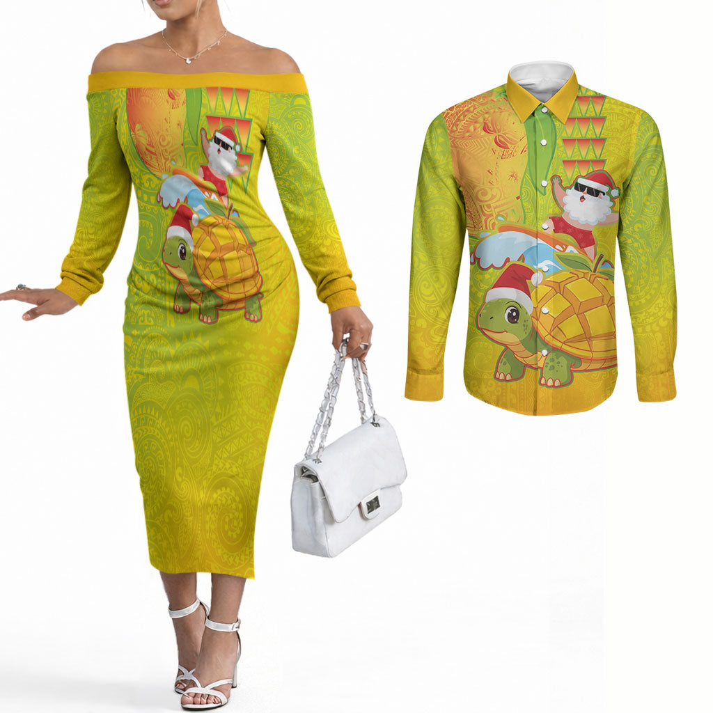 Hawaiian Mango Mele Kalikimaka Couples Matching Off The Shoulder Long Sleeve Dress and Long Sleeve Button Shirt Santa Claus Surfing with Turtle Mango Christmas