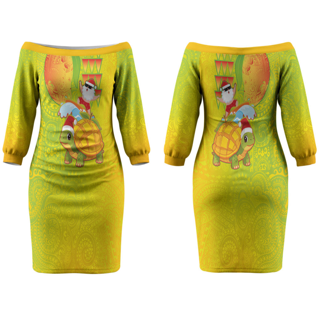 Hawaiian Mango Mele Kalikimaka Couples Matching Off The Shoulder Long Sleeve Dress and Long Sleeve Button Shirt Santa Claus Surfing with Turtle Mango Christmas