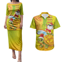 Hawaiian Mango Mele Kalikimaka Couples Matching Puletasi and Hawaiian Shirt Santa Claus Surfing with Turtle Mango Christmas