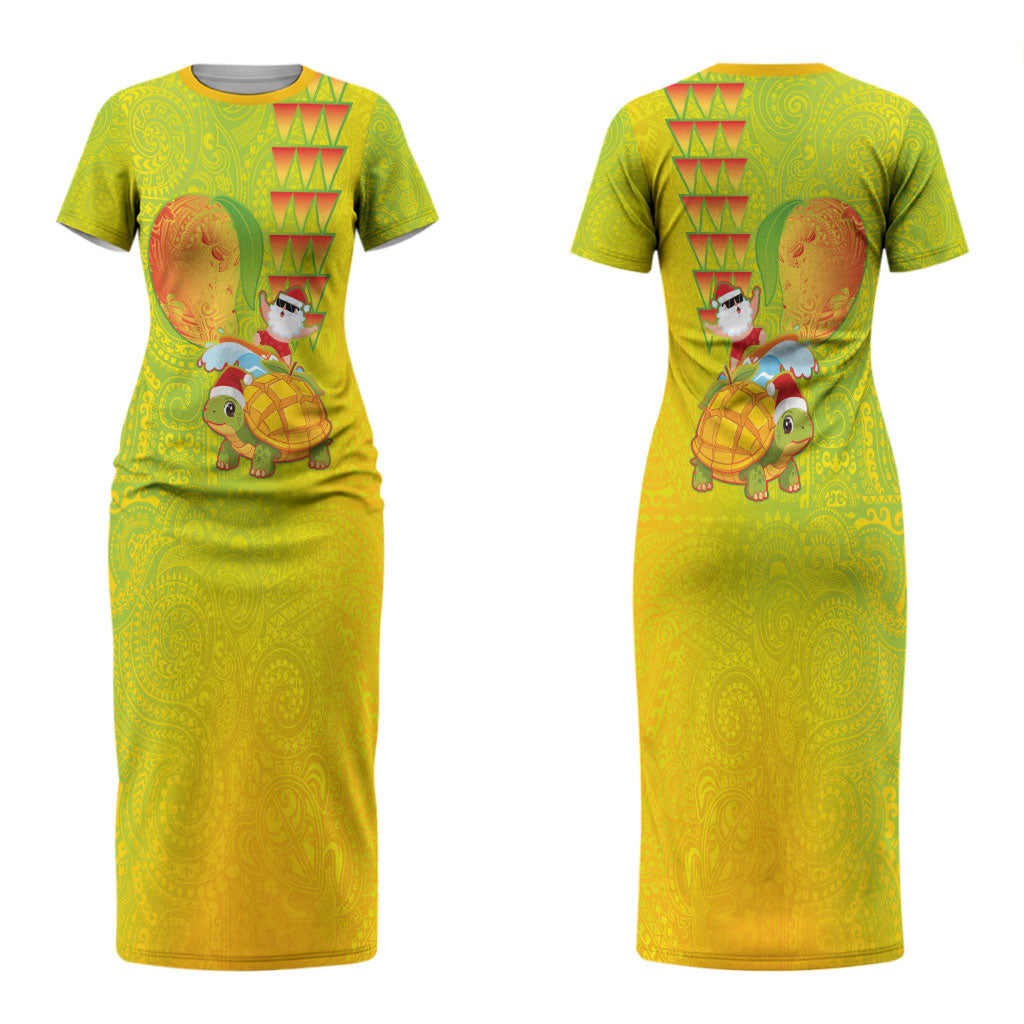 Hawaiian Mango Mele Kalikimaka Couples Matching Short Sleeve Bodycon Dress and Hawaiian Shirt Santa Claus Surfing with Turtle Mango Christmas