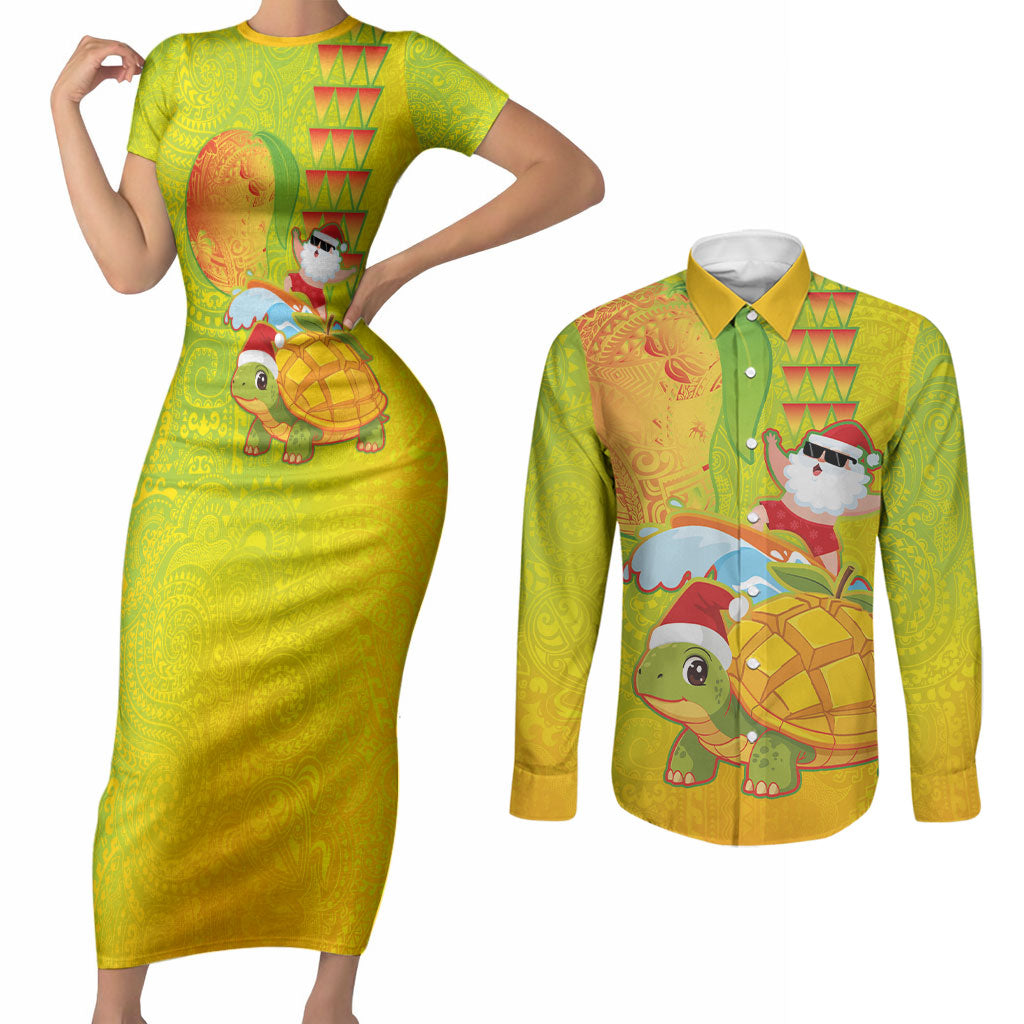 Hawaiian Mango Mele Kalikimaka Couples Matching Short Sleeve Bodycon Dress and Long Sleeve Button Shirt Santa Claus Surfing with Turtle Mango Christmas