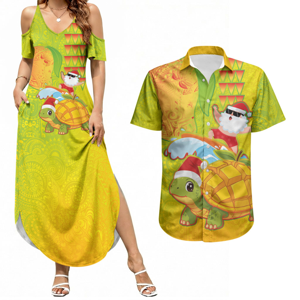 Hawaiian Mango Mele Kalikimaka Couples Matching Summer Maxi Dress and Hawaiian Shirt Santa Claus Surfing with Turtle Mango Christmas
