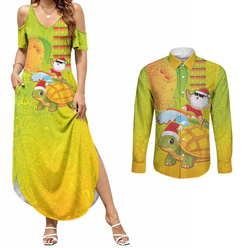 Hawaiian Mango Mele Kalikimaka Couples Matching Summer Maxi Dress and Long Sleeve Button Shirt Santa Claus Surfing with Turtle Mango Christmas