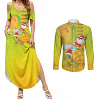 Hawaiian Mango Mele Kalikimaka Couples Matching Summer Maxi Dress and Long Sleeve Button Shirt Santa Claus Surfing with Turtle Mango Christmas