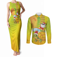 Hawaiian Mango Mele Kalikimaka Couples Matching Tank Maxi Dress and Long Sleeve Button Shirt Santa Claus Surfing with Turtle Mango Christmas